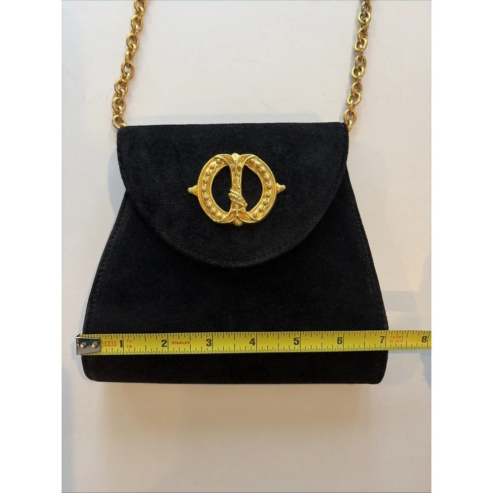 Casual Corner Black Suede Handbag Gold Medallion & Chain Essentials Elegant Bag